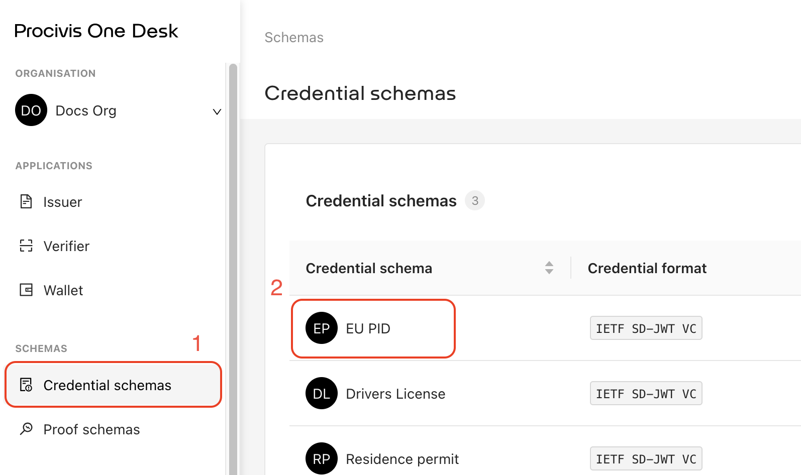 Schemas sidebar showing Credential schemas menu item (1) and a schema in the list (2)